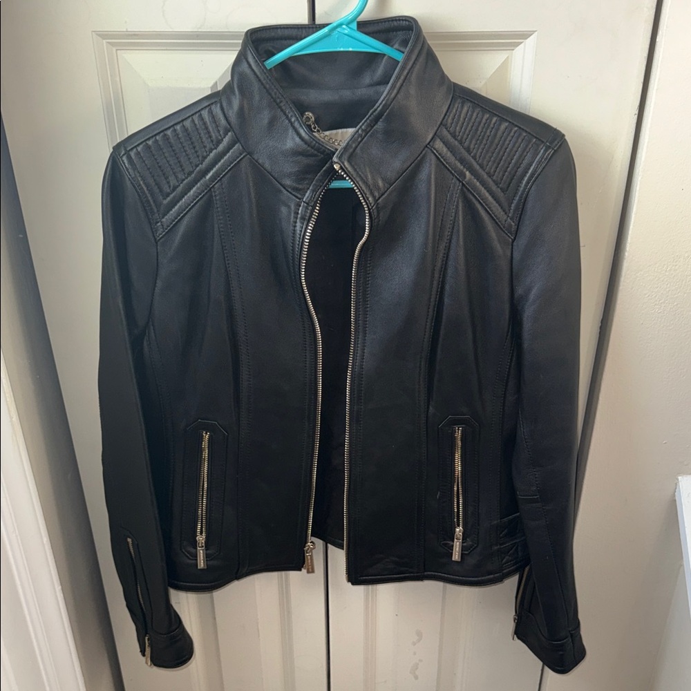 MICHAEL Michael Kors Black Quilted-Shoulder Leather Moto Jacket